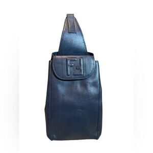 FENDI Navy Blue Leather FF Sling Bag Backpack Knapsack Auth